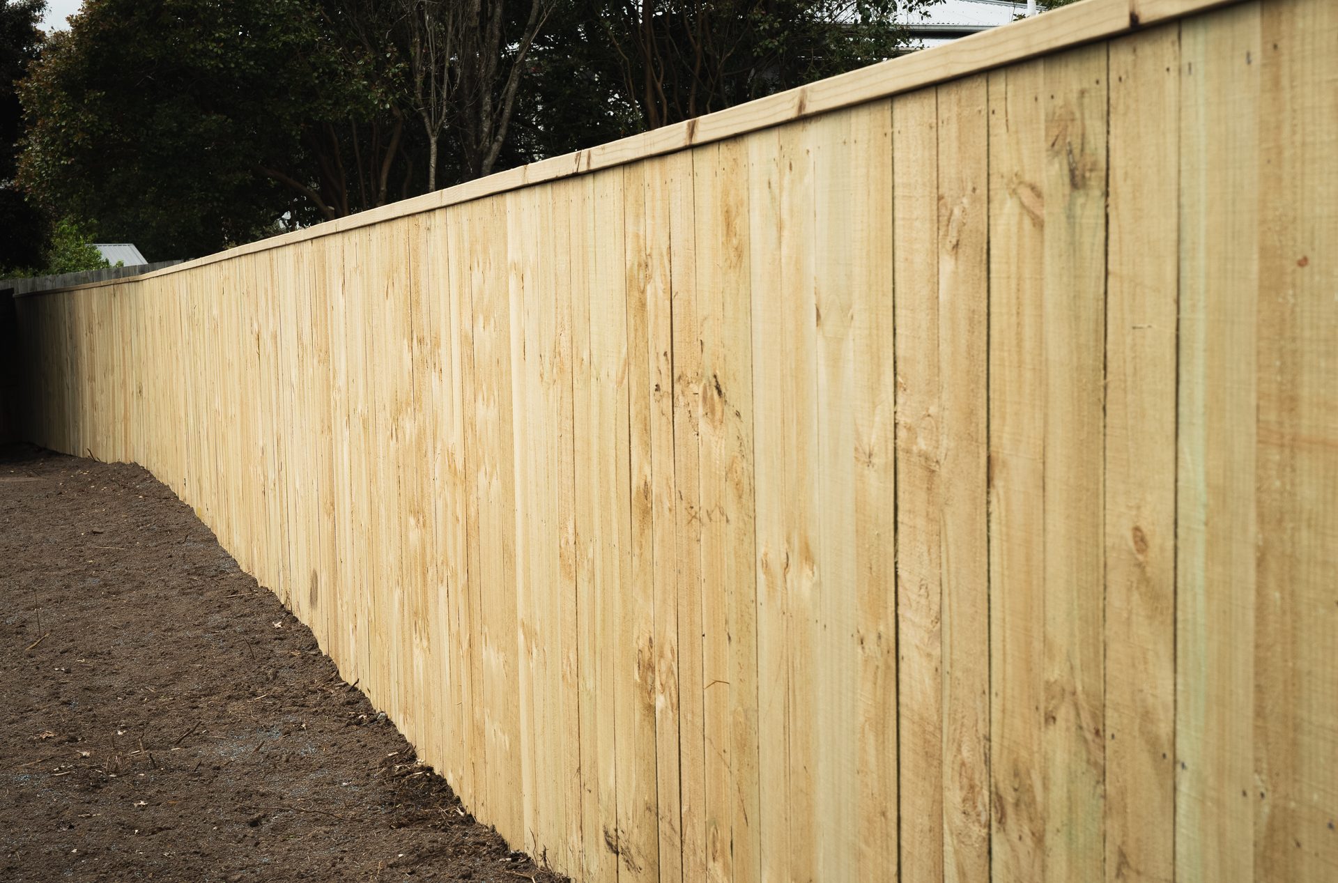 Long run of new timber paling fence beside freshly levelled soil, with trees behind