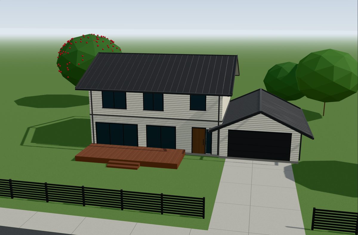 Drawing from the New Build Visualiser: a two storey house with off white weatherboards, a dark tray roof, garage, timber deck and slat fence